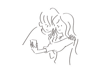 スマートフォンで一緒に写真を撮るカップルのイラスト