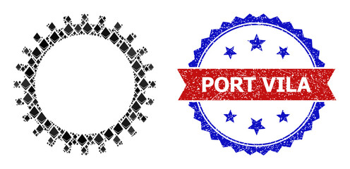 Vector crystal mosaic gear icon, and bicolor grunge Port Vila seal. Red round seal includes Port Vila caption inside circle. Gear mosaic is designed from gemstone elements.