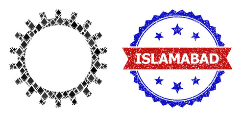 Vector jevel collage gear icon, and bicolor grunge Islamabad watermark. Red round seal includes Islamabad text inside circle. Gear collage is made of gemstone elements.