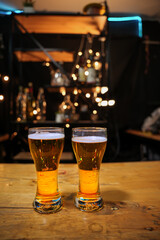 Bartender Serve beer, on wood bar, 
