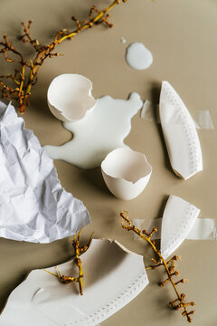 Art still life: broken plate, milk, eggshell.