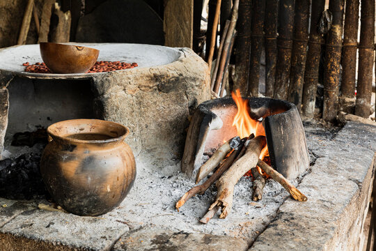 Traditional Mexican kitchen with a rustic stove on and a comal