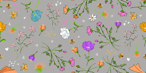 Blooming floral meadow seamless pattern. Plant background for fashion, wallpapers, print.Trendy floral design