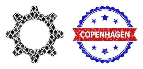 Vector ethereum mosaic gearwheel icon, and bicolor scratched Copenhagen stamp. Red round stamp includes Copenhagen caption inside circle. Gearwheel mosaic is done from diamond items.