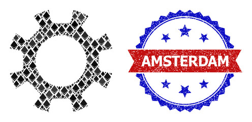 Vector jevel mosaic gearwheel icon, and bicolor grunge Amsterdam seal. Red round seal has Amsterdam title inside circle. Gearwheel mosaic is made with crystal parts.