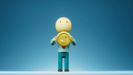 3d cartoon man holding gold coin, 3d rendering.