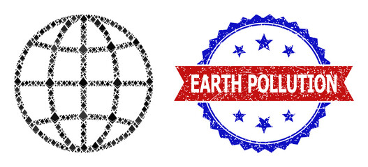 Vector jevel mosaic globe icon, and bicolor unclean Earth Pollution stamp. Red round stamp seal has Earth Pollution text inside circle. Globe mosaic is formed from diamond elements.