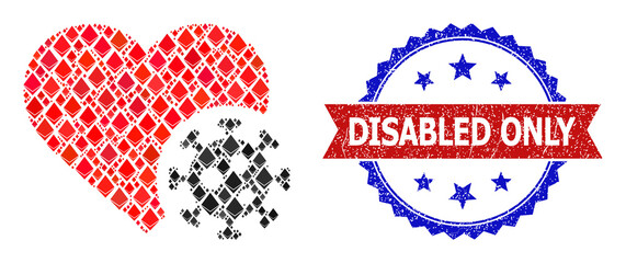 Vector crystal collage heart infection icon, and bicolor unclean Disabled Only seal. Red round stamp seal has Disabled Only tag inside circle. Heart infection collage is designed from jevel items.