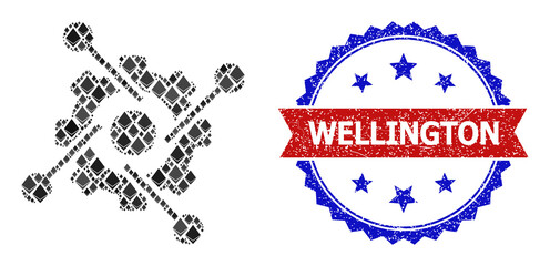 Obraz premium Vector gemstone collage hitech industry icon, and bicolor unclean Wellington seal stamp. Red round stamp seal has Wellington tag inside circle. Hitech industry mosaic is done from ethereum elements.