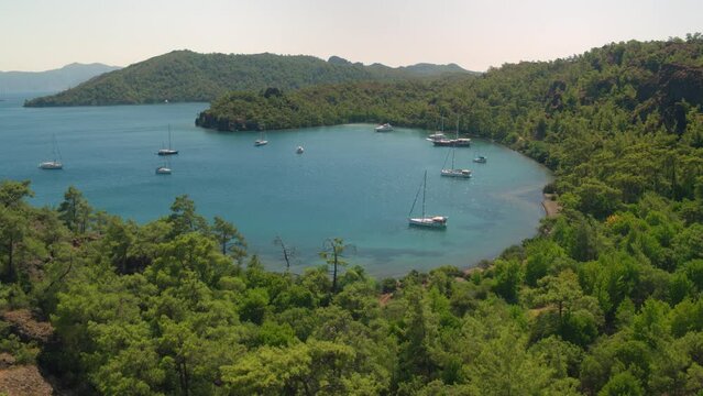 Yatchs are anchored in Dat&ccedil;a waters, Muğla province of Turkey.