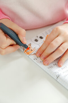 Crop student drawing cat in notebook