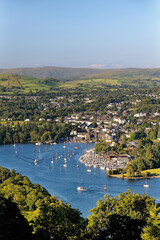 Windermere. Lake District National Park, Cumbria, England. N.E. over Bowness on Windermere boat moorings from above Far Sawrey - obrazy, fototapety, plakaty