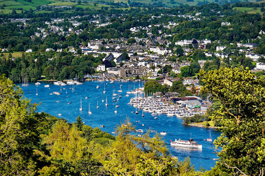 Windermere. Lake District National Park, Cumbria, England. N.E. over Bowness on Windermere boat moorings from above Far Sawrey