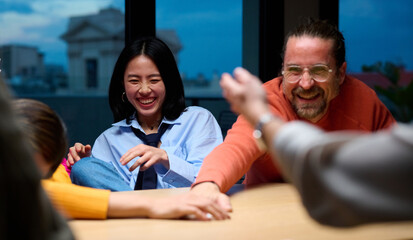 colleague, laugh, office, playing, cards, evening,