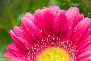 water droplets, pink daisy