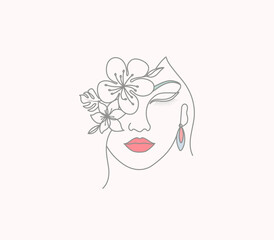 Line Drawing Female Face Minimalist Simple Cherry Floral Woman Fashion Feminine Art Illustration