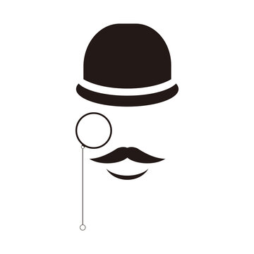 abstract vector hipster silhouette with bowler hat, monocle, mustache.	
