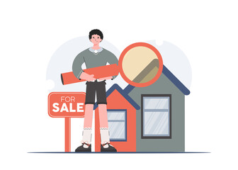 A man stands in full growth busy looking for a rental apartment. Property search. Flat style. Element for presentations, sites.
