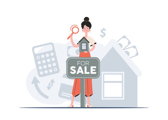 A woman stands in full growth holding a model of the house in her hands. Property search. Flat style. Element for presentations, sites.