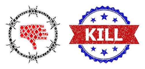 Vector gem mosaic liquidation camp icon, and bicolor scratched Kill seal stamp. Red round stamp seal contains Kill tag inside circle. Liquidation camp mosaic is designed from crystal dots.