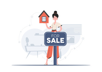 A woman stands in full growth is engaged in the sale of a house. Realtor. Flat style. Element for presentations, sites.