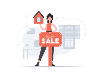 Fototapeta premium A woman stands in full growth and holds a model of the house. Property For Sale. Flat style. Element for presentations, sites.