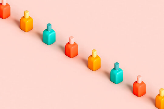a row of nail polishes. 3d render