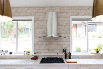 Counter, hood fan and stove.