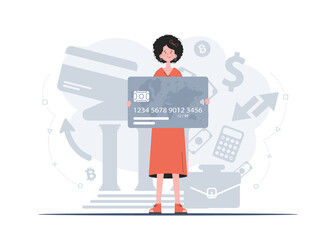 A woman stands in full growth with a bank card. Deposit. Flat style. Element for presentations, sites.