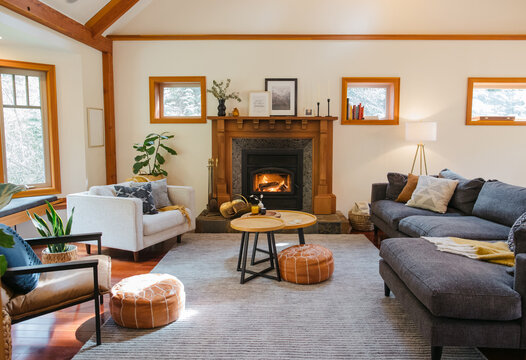 Spacious living room in timber framed house.