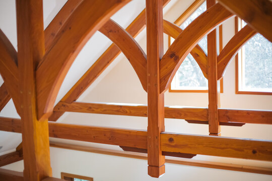 Wooden beams in vaulted ceiling.