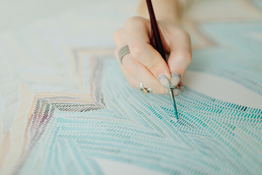 Woman artist work with aquarelle - Artist at work