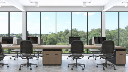 Minimalist loft office room with wood desk, frame window and concrete floor. 3d rendering