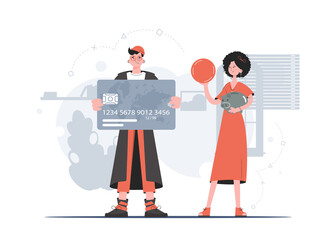 A woman and a man stand in full growth with a piggy bank and a card. Saving. Flat style. Element for presentations, sites.