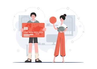 A woman and a man put money from a piggy bank on a card. Saving. Flat style. Element for presentations, sites.
