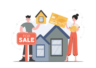 Fototapeta na wymiar A woman and a man are standing in full growth buying a house. Realtors. Flat style. Element for presentations, sites.