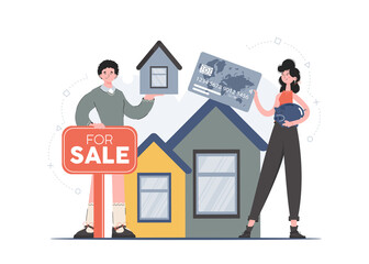 Fototapeta na wymiar A woman and a man are standing in full growth next to a sign for sold real estate. Realtors. Flat style. Element for presentations, sites.