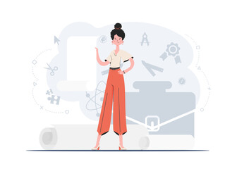 A woman stands in full growth holding a blank sheet in her hands. Place for advertising. Flat style. Element for presentations, sites.