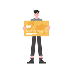 A man stands in full growth with a plastic card in his hands. Isolated. Flat style. Element for presentations, sites.