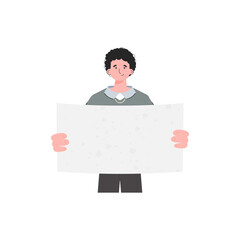A man stands waist-deep and shows an empty sheet. Isolated. Flat style. Element for presentations, sites.