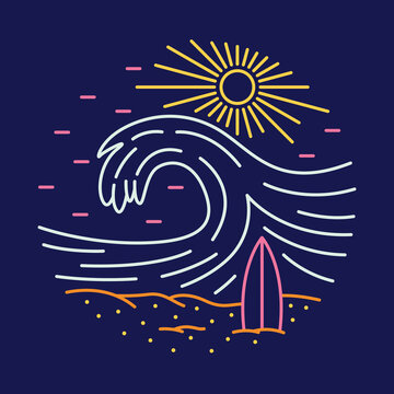 wave sun surfboard beach neon style clip art preview