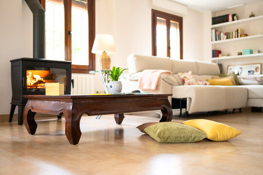 Interior of living room with fireplace