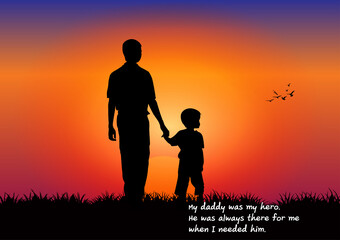 silhouette graphics Father holding the young on hands outdoor of sunset with grass on the ground for greeting card vector illustration