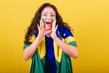Woman soccer fan, fan of brazil, world cup, screaming goal, screaming offer, promotion, photo for...