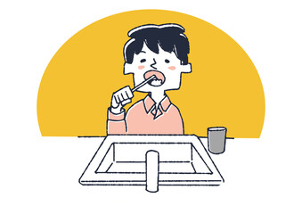 歯を磨く男の子　子供の1日の習慣　コミカルな手書きの人物　ベクター、温かみのある線画