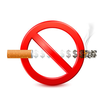 Forbidden no smoking red sign isolated on white background. Dangers of smoking. Smoking effect on lung with people around and family. World No Tobacco Day. 3D vector Illustration.