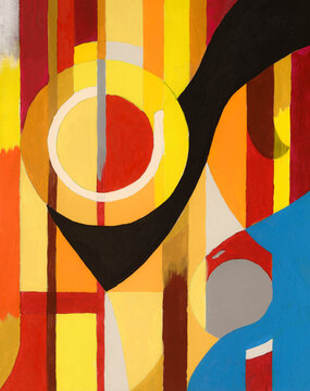 A geometric abstract painting.  Hard-edged blocks of color.