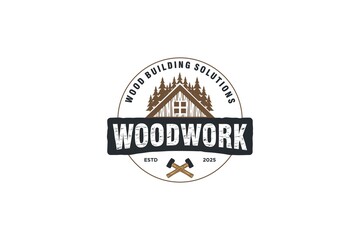 Wood work logo wooden house builder carpenter handyman home icon circle sawmill circular saw