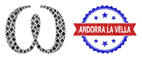 Vector gemstone composition Omega Greek lowercase letter icon, and bicolor rubber Andorra La Vella seal stamp. Red round stamp seal includes Andorra La Vella tag inside circle.