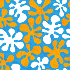 Seamless 1960s mod tiki flower pattern for backgrounds, fabric design, wrapping paper, print media. Fun retro design. Vector illustration. - 510158558